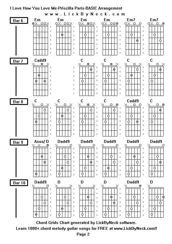 Chord Grids Chart of chord melody fingerstyle guitar song-I Love How You Love Me-Priscilla Paris-BASIC Arrangement,generated by LickByNeck software.